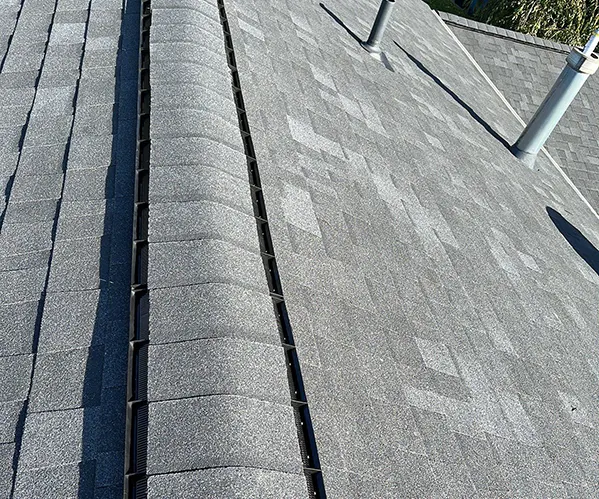 A gray shingled roof with gutters and vents is an important feature of a well-maintained home.