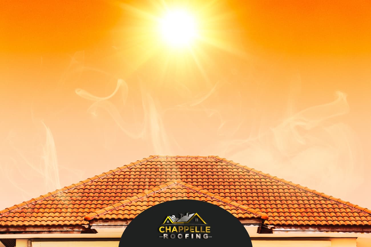 A sun shines brightly over a building with a red tiled roof, highlighting the importance of roof maintenance during the summer months. The Chappelle Roofing logo is displayed at the bottom center of the image.